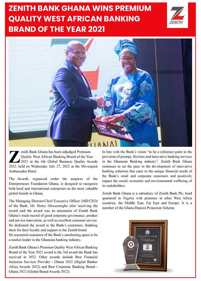 Zenith Bank Ghana Wins  Premium Quality  West African Banking  Brand of the Year 2021.